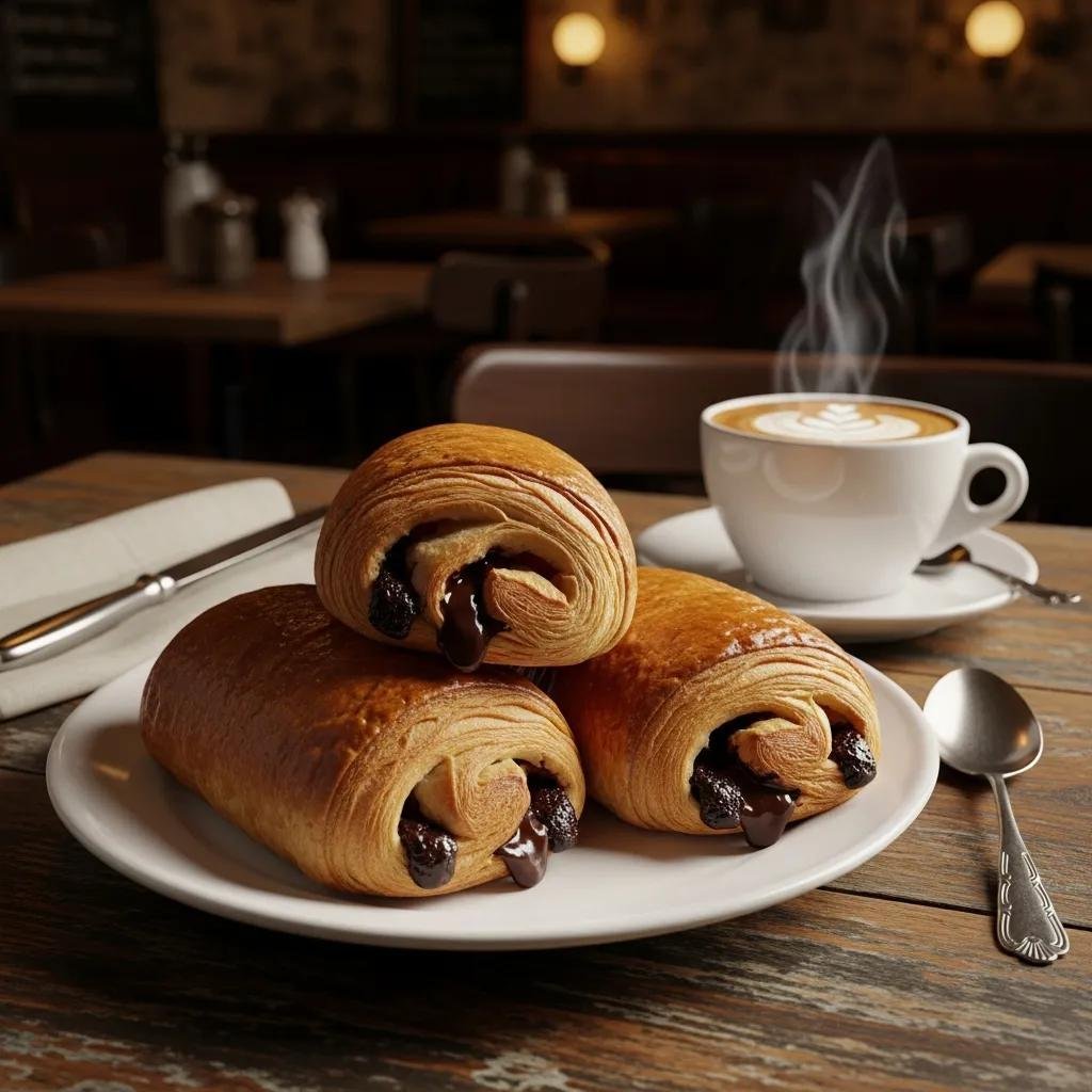Delicious Pain au Chocolat on a rustic table with coffee, representing authentic French pastry culture