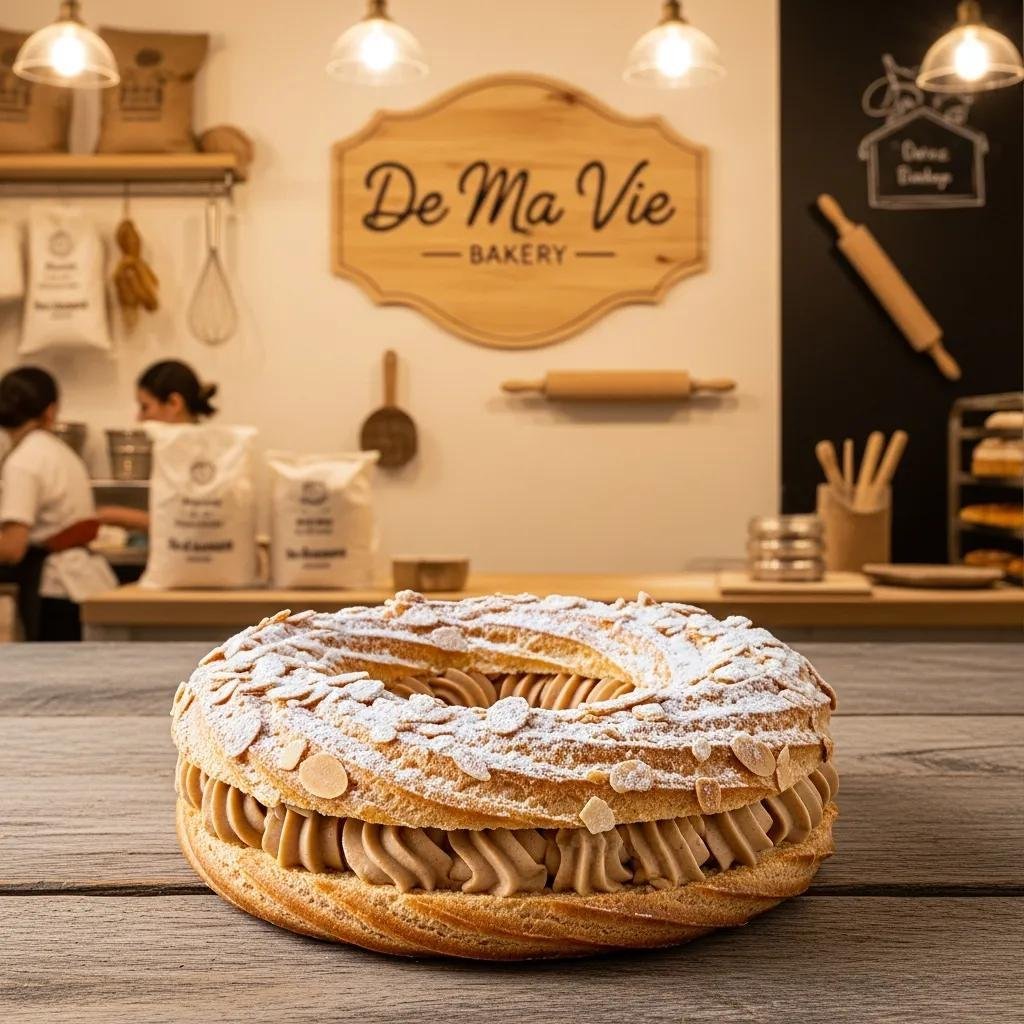 Delicious Paris-Brest pastry on a wooden table in a cozy bakery setting