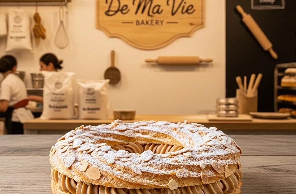 Delicious Paris-Brest pastry on a wooden table in a cozy bakery setting