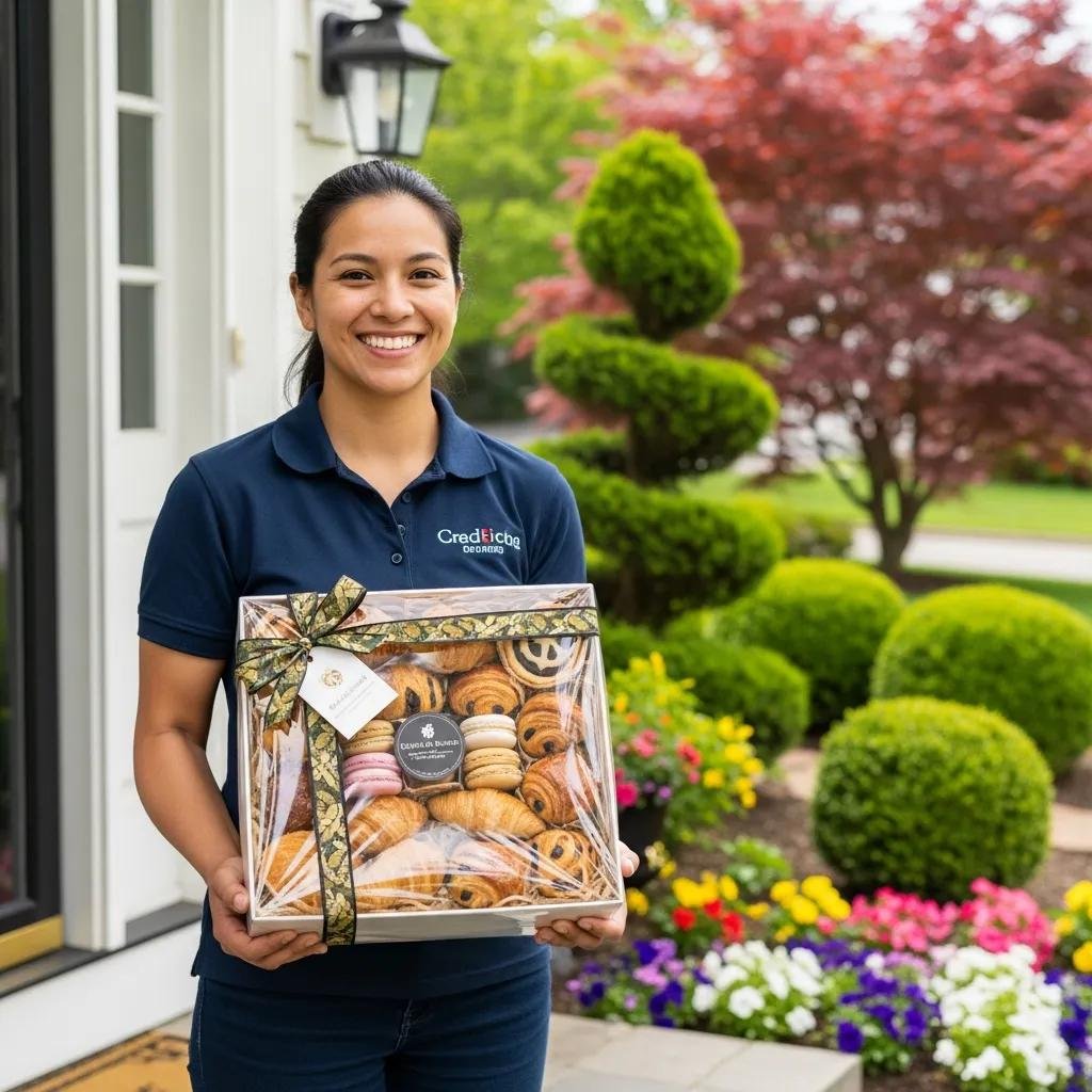 Delivery of a gourmet French pastry gift basket in a residential setting, emphasizing local service