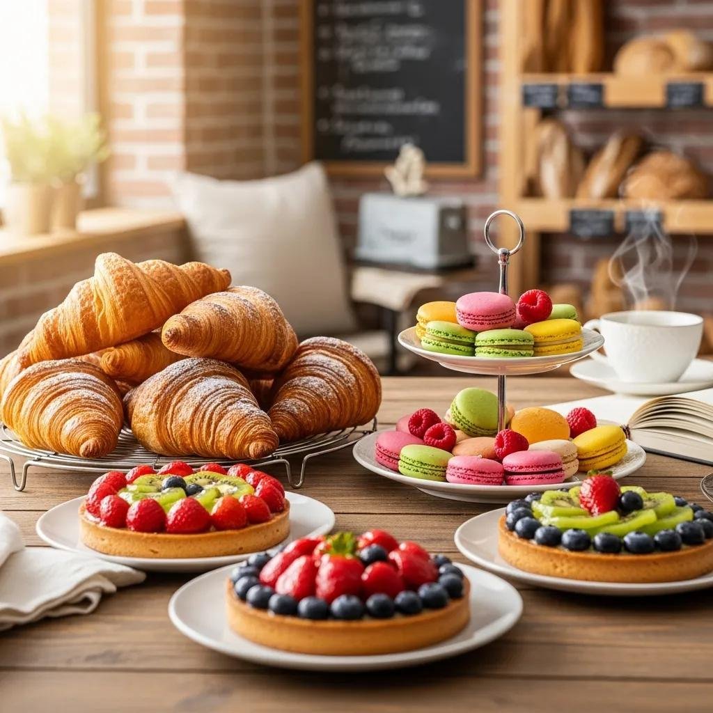 Display of authentic French pastries including croissants and macarons in a bakery setting