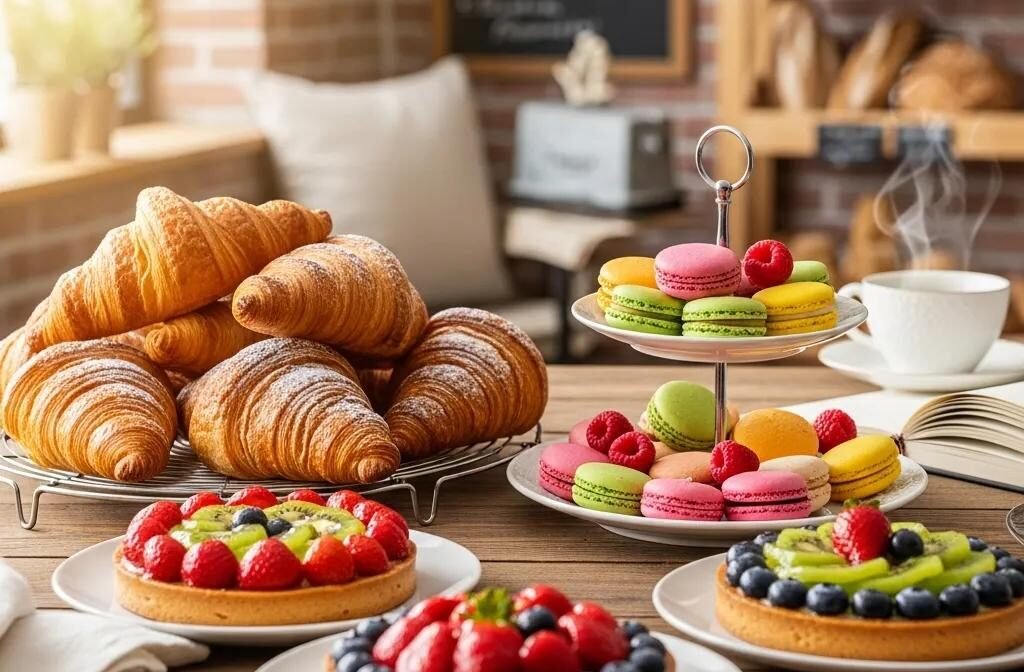 Display of authentic French pastries including croissants and macarons in a bakery setting