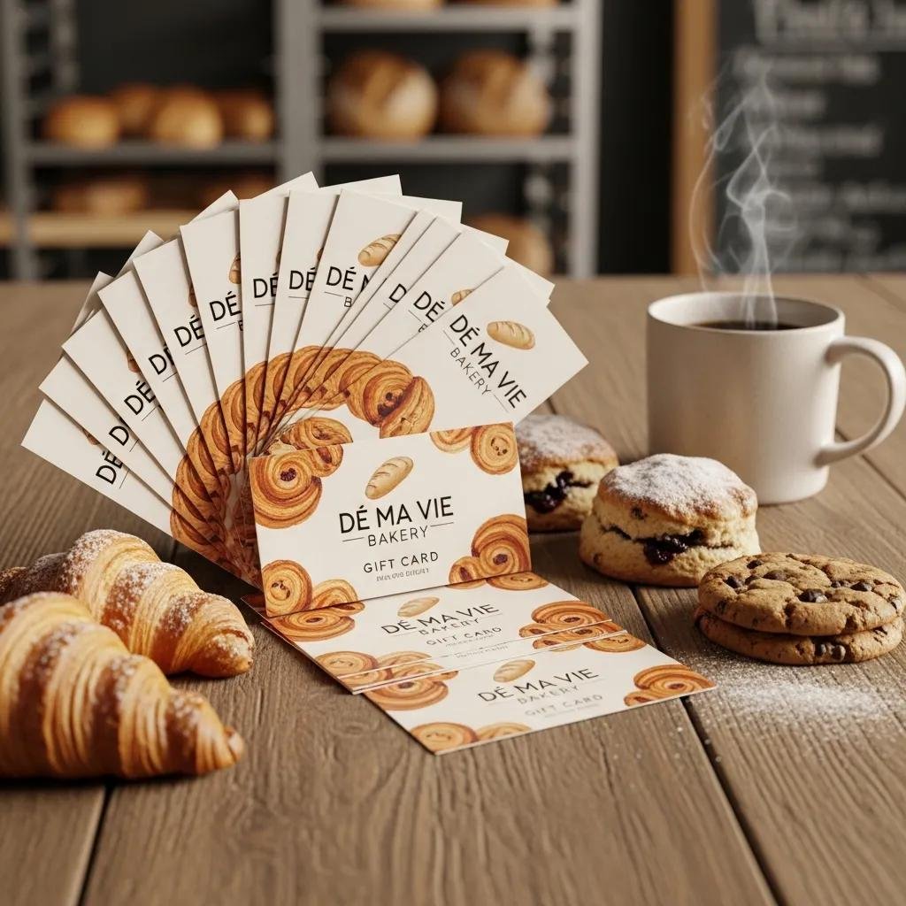 Display of De Ma Vie Bakery gift cards alongside delicious pastries on a rustic table