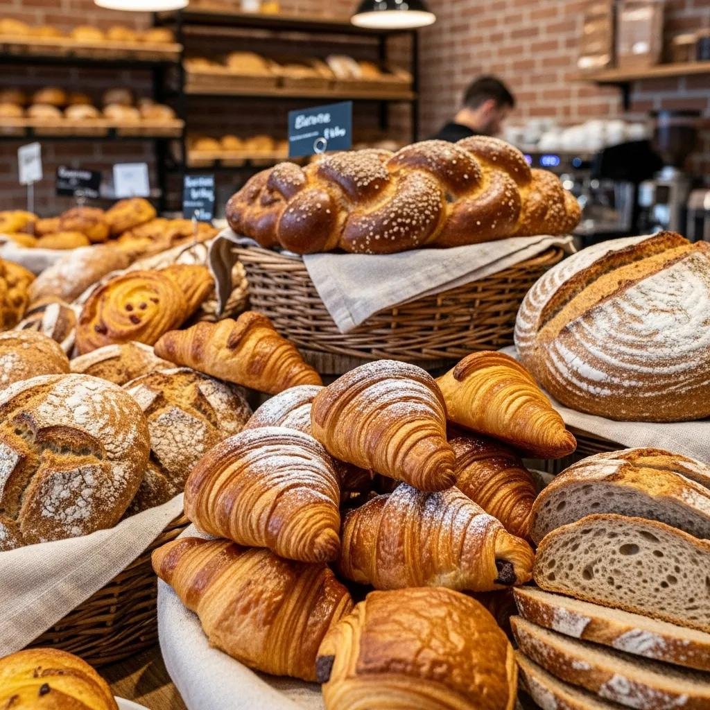 Display of fresh pastries and artisan breads at De Ma Vie Bakery, showcasing weekday offerings