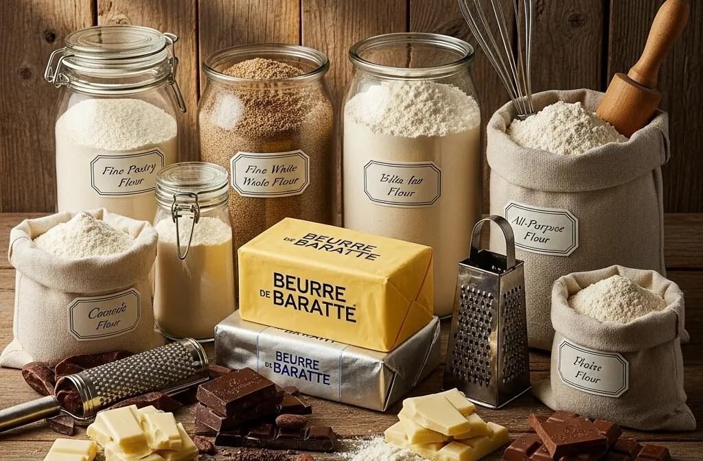 Display of quality French baking ingredients including butter, flour, and chocolate