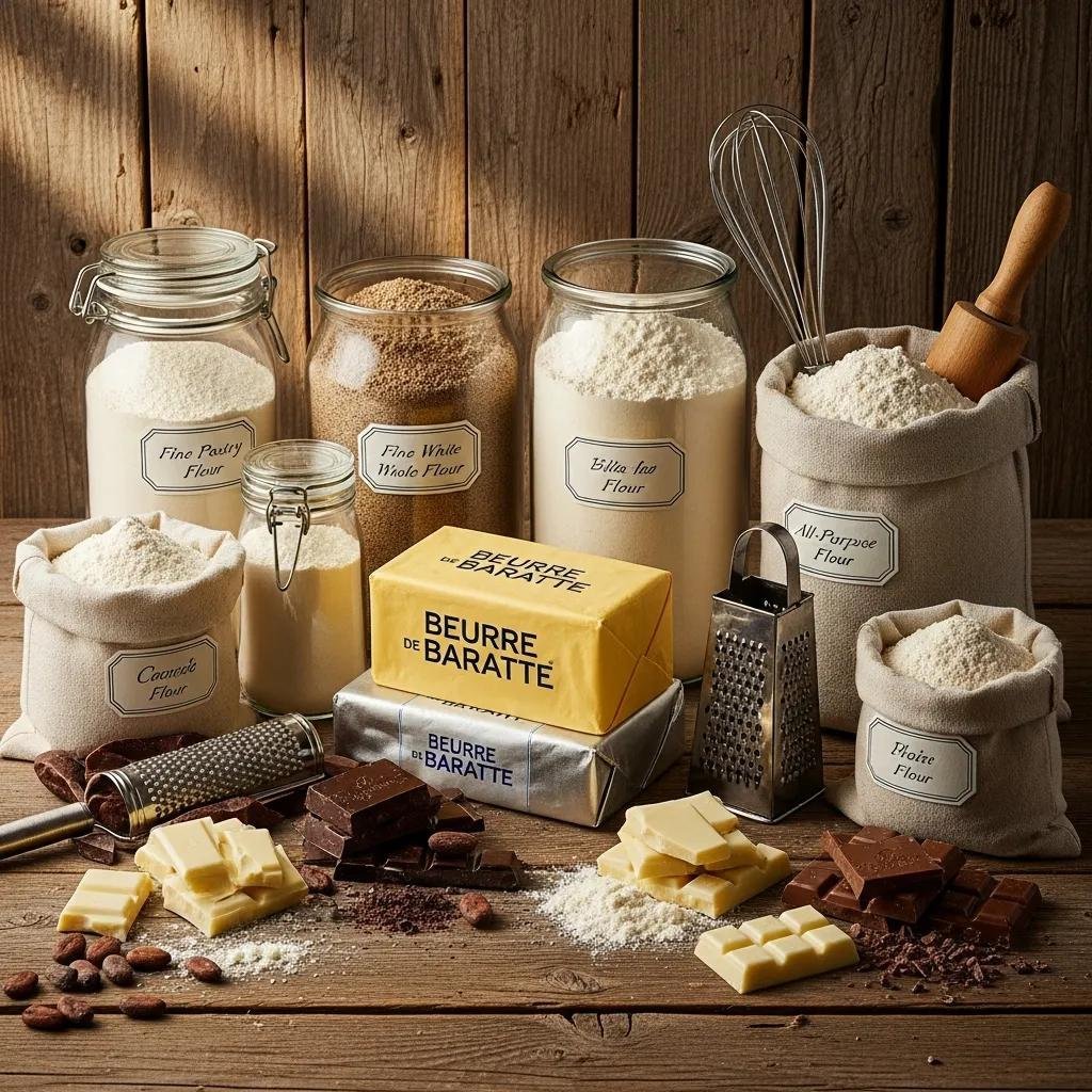 Display of quality French baking ingredients including butter, flour, and chocolate