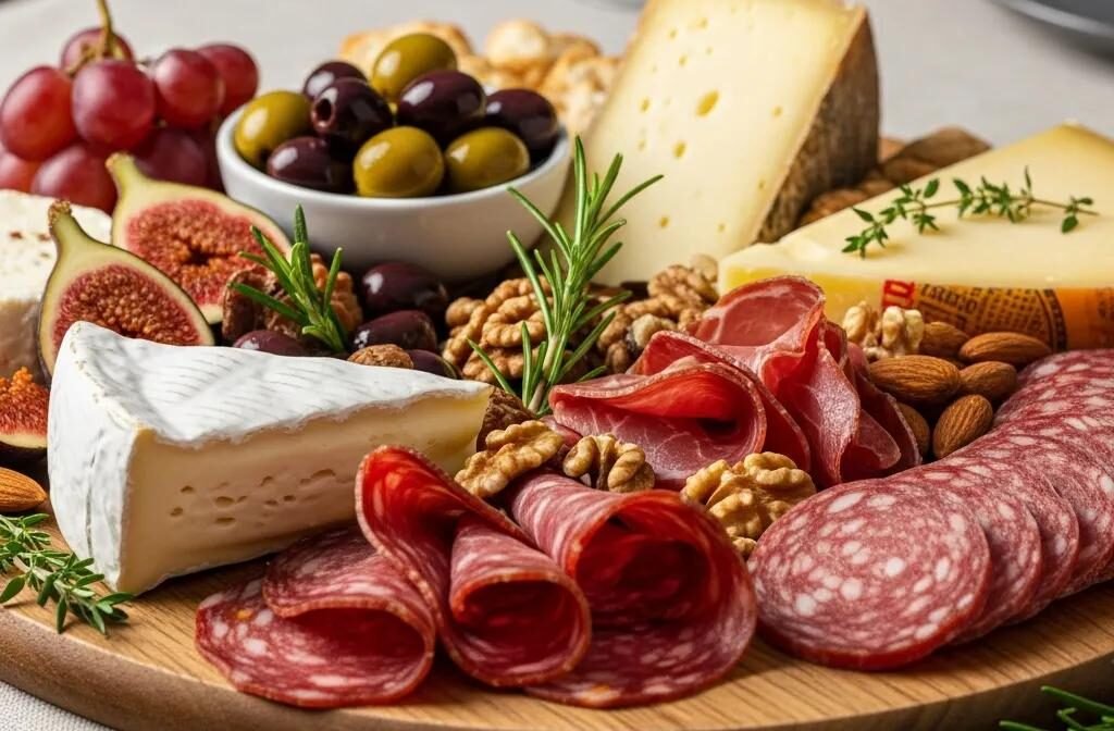Elegant charcuterie and cheese platter showcasing French cheeses and cured meats