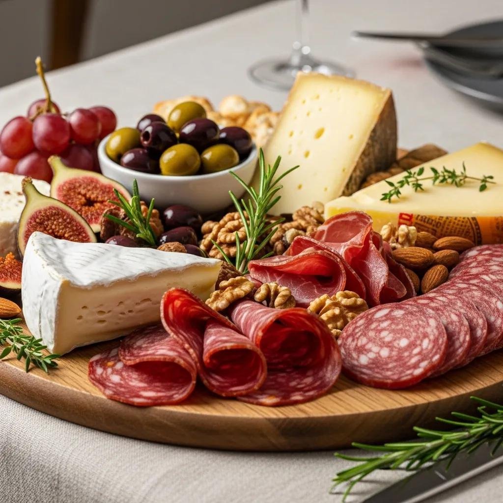 Elegant charcuterie and cheese platter showcasing French cheeses and cured meats
