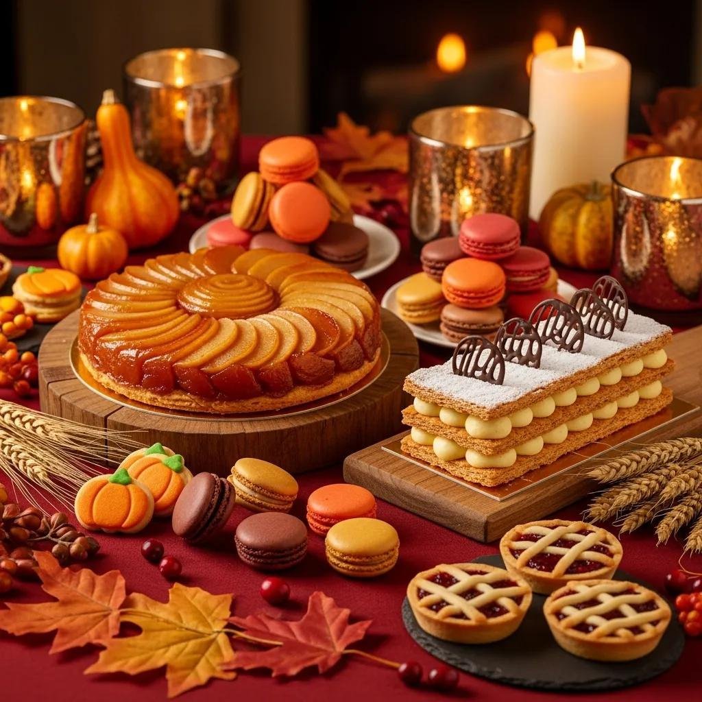 Elegant French desserts for Thanksgiving including Tarte Tatin and macarons on a festive table