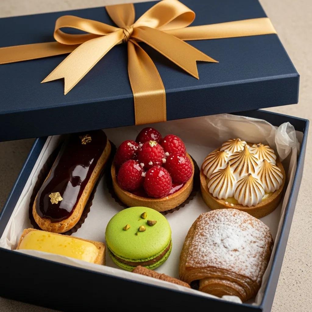 Elegant gift box filled with assorted gourmet French pastries, beautifully packaged