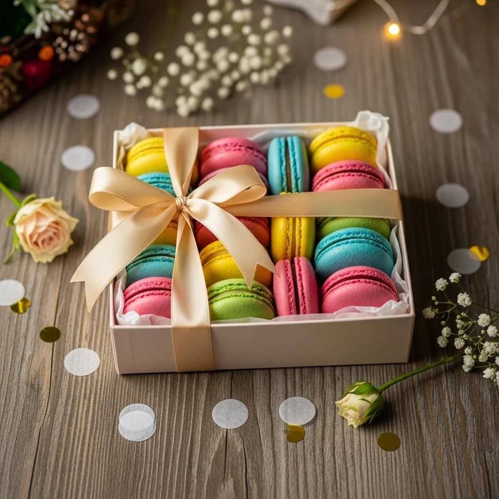 Elegant macaron gift box with assorted colorful macarons on a rustic table