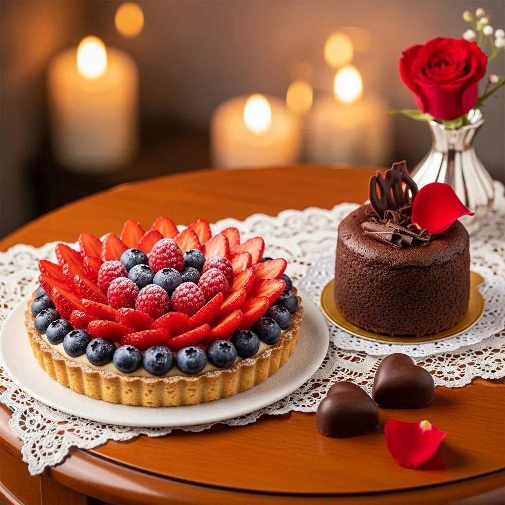 Elegant presentation of romantic tarts and cakes for Valentine's Day, including a fruit tart and chocolate cake