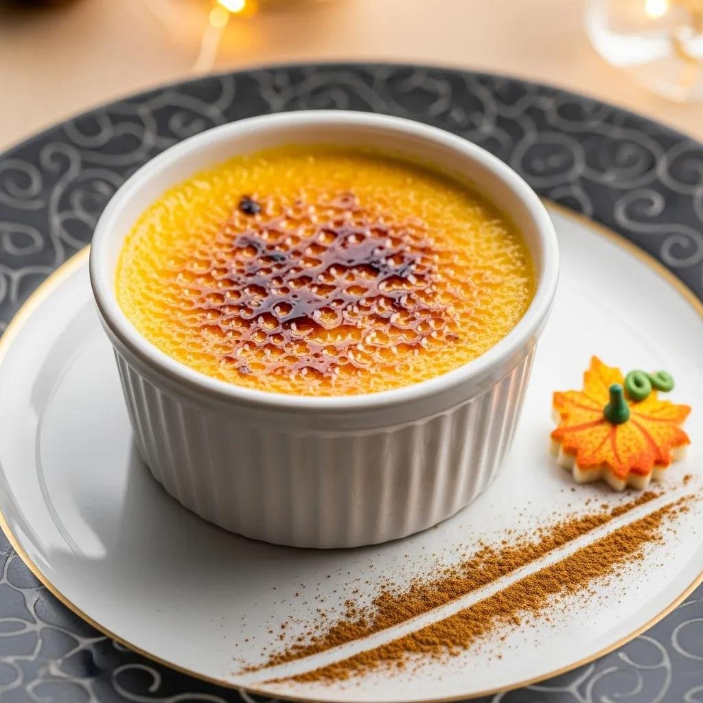 Elegant pumpkin crème brûlée with caramelized top and autumn-themed decoration
