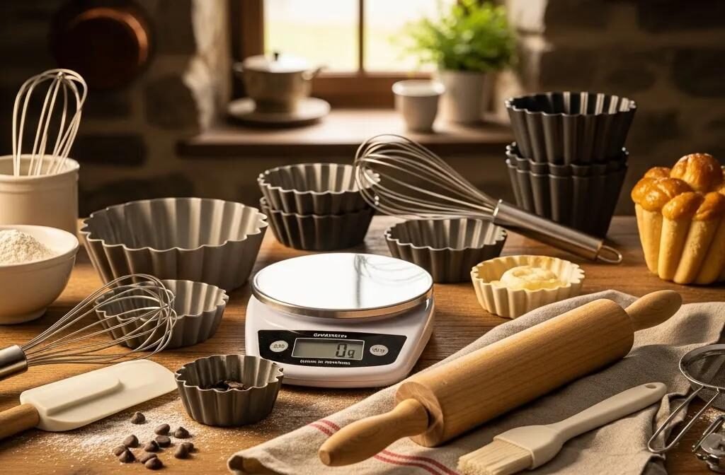 Essential French baking tools including a kitchen scale, rolling pin, and molds on a rustic countertop