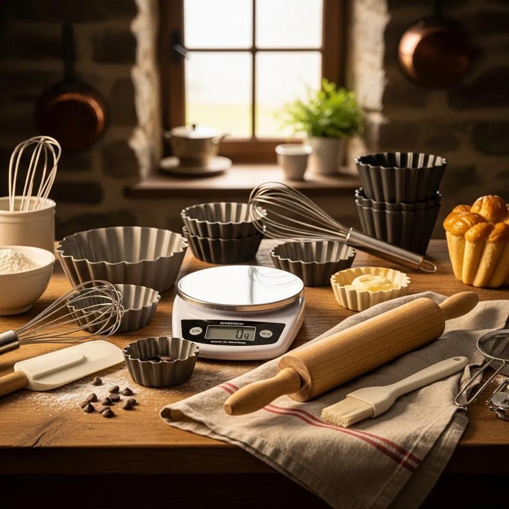 Essential French baking tools including a kitchen scale, rolling pin, and molds on a rustic countertop