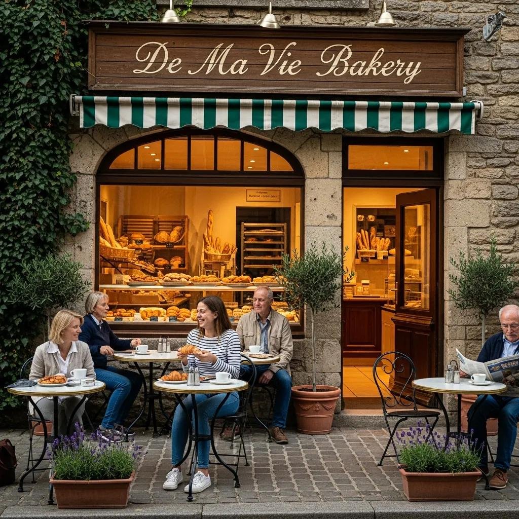 Exterior view of De Ma Vie Bakery with customers enjoying pastries