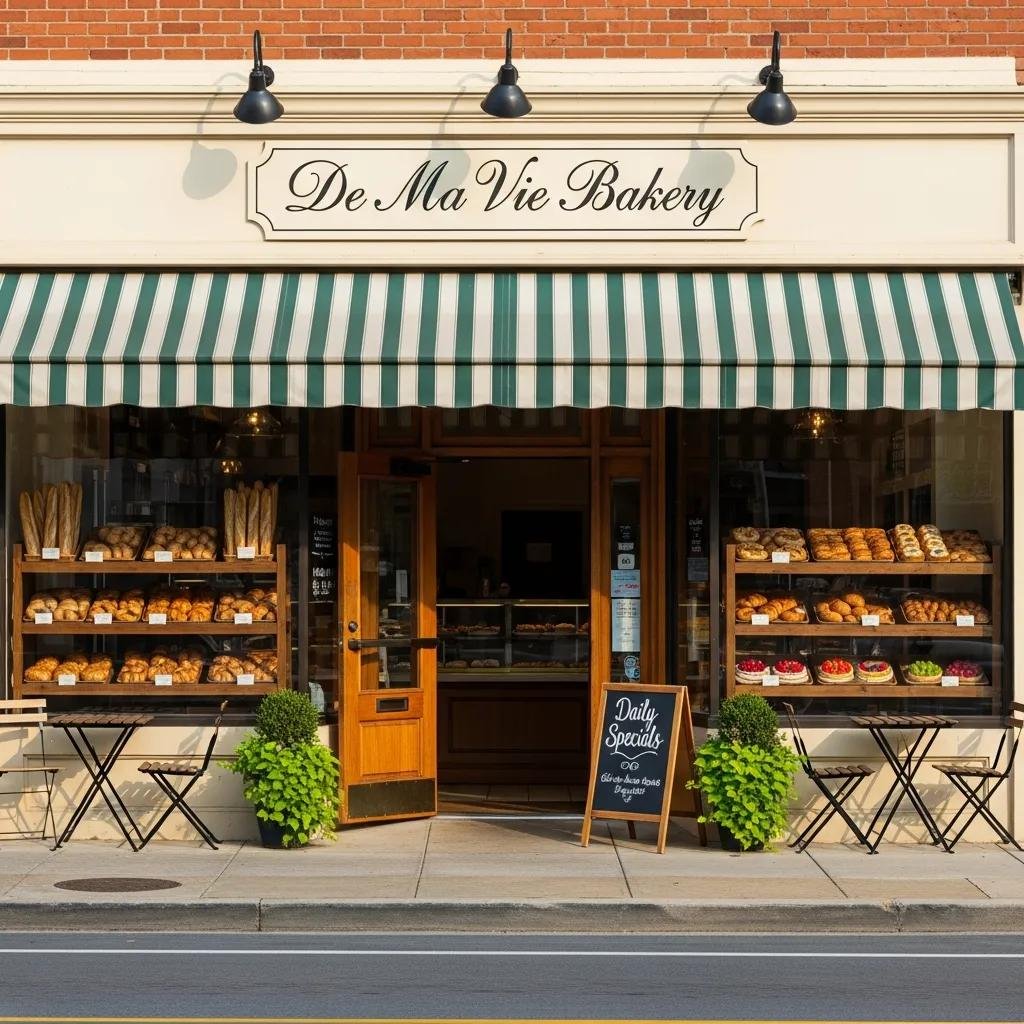 Exterior view of De Ma Vie Bakery with freshly baked goods displayed