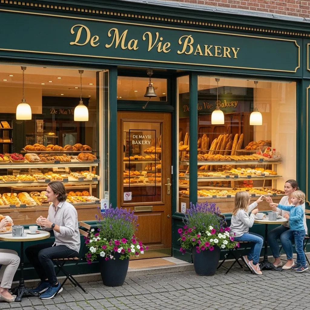 Exterior view of De Ma Vie Bakery with pastries displayed and customers enjoying treats