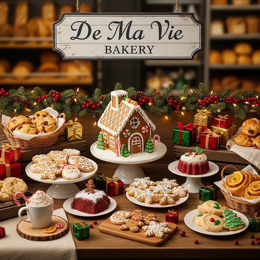 Festive holiday display at De Ma Vie Bakery with seasonal pastries and decorations