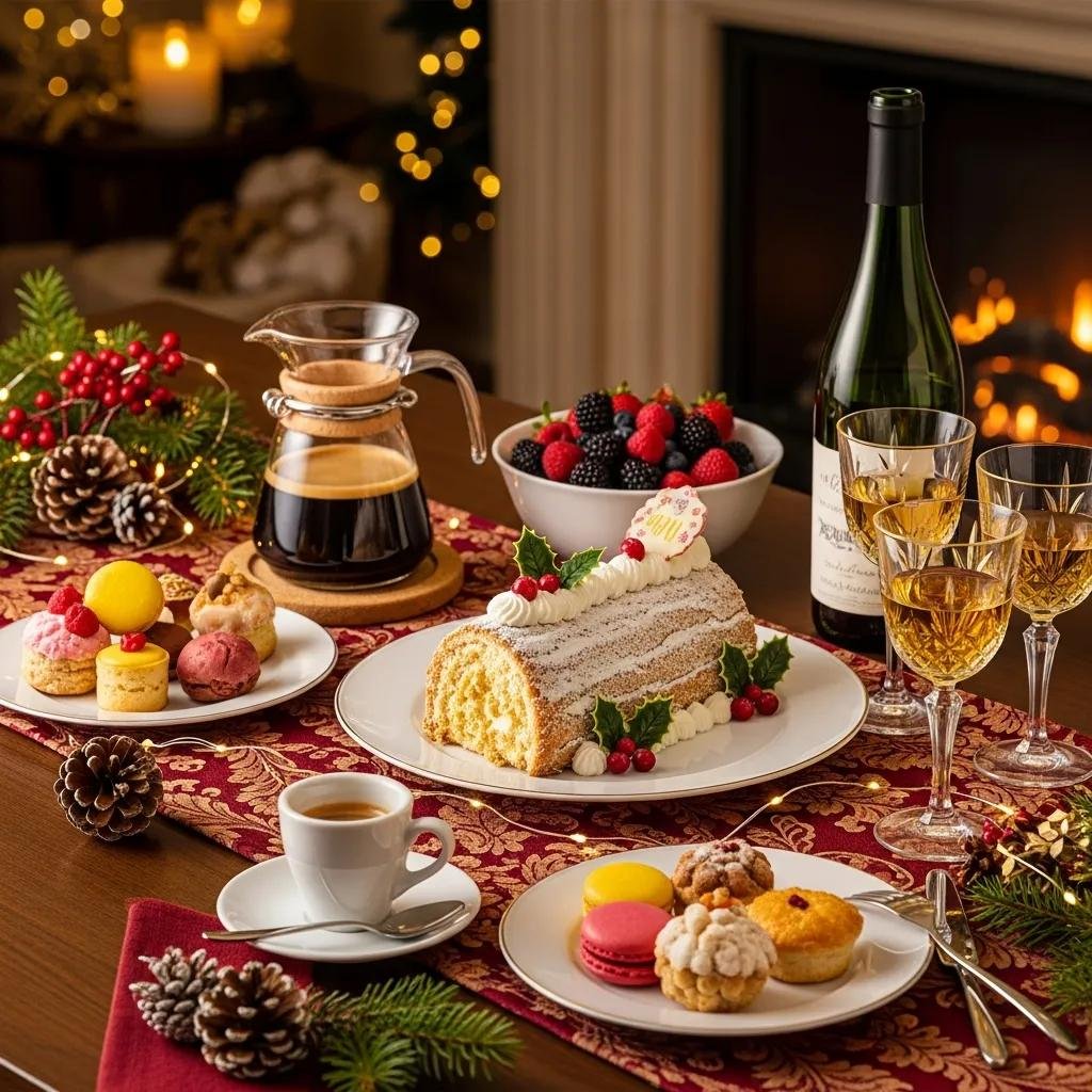 Festive table setting with Bûche de Noël, espresso, and dessert wines, enhancing the holiday dining experience