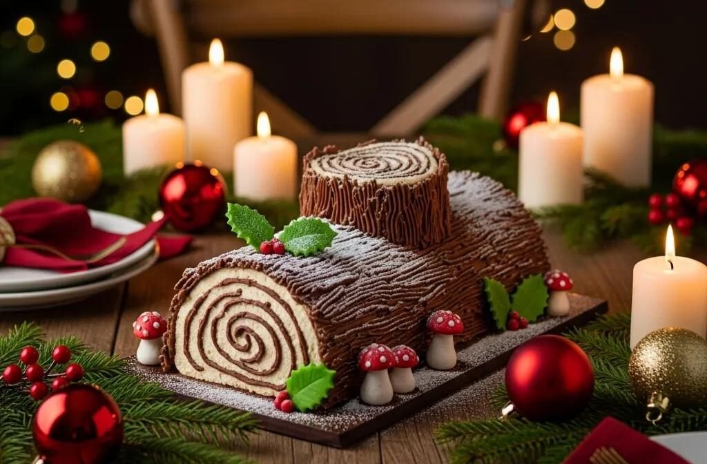 Festively decorated Bûche de Noël cake on a holiday table, symbolizing French Christmas traditions