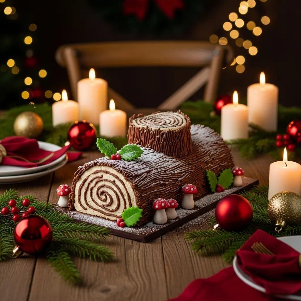 Festively decorated Bûche de Noël cake on a holiday table, symbolizing French Christmas traditions