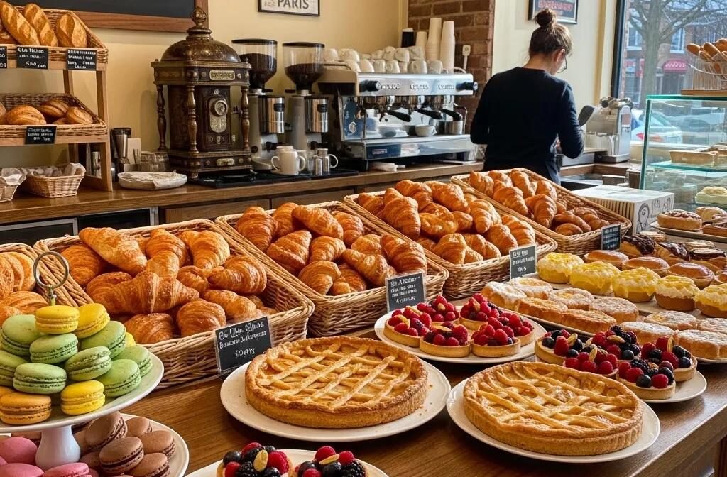 French bakery display with pastries in Falls Church, highlighting croissants and macarons