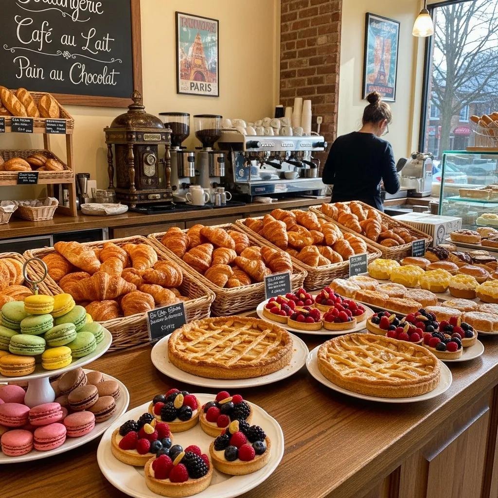French bakery display with pastries in Falls Church, highlighting croissants and macarons
