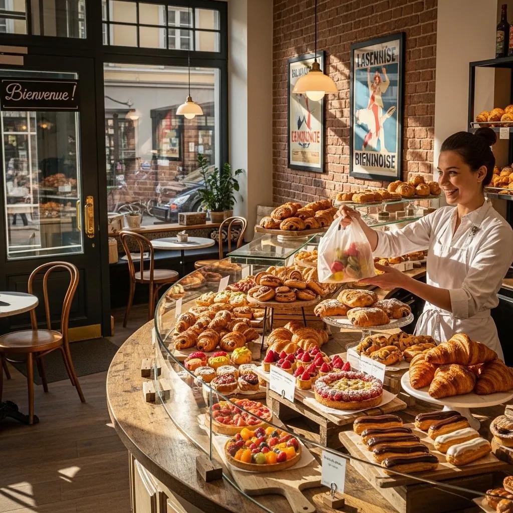 French bakery in Vienna with a display of pastries including croissants and macarons