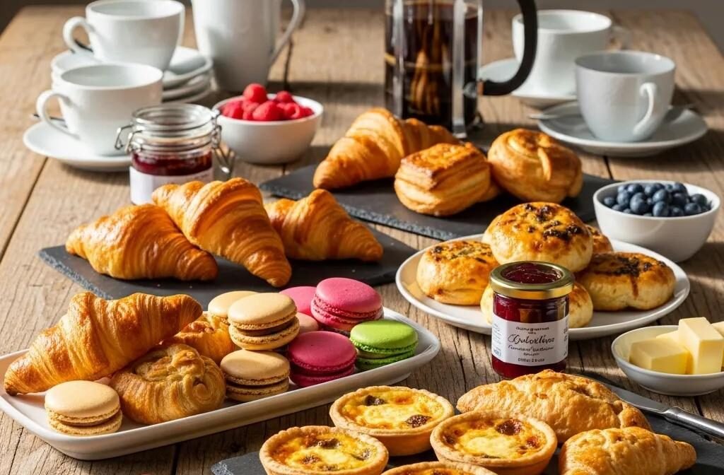 French breakfast catering spread with pastries and coffee for corporate events