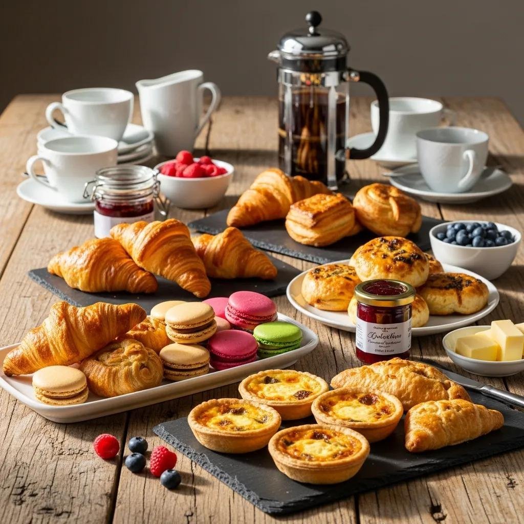 French breakfast catering spread with pastries and coffee for corporate events