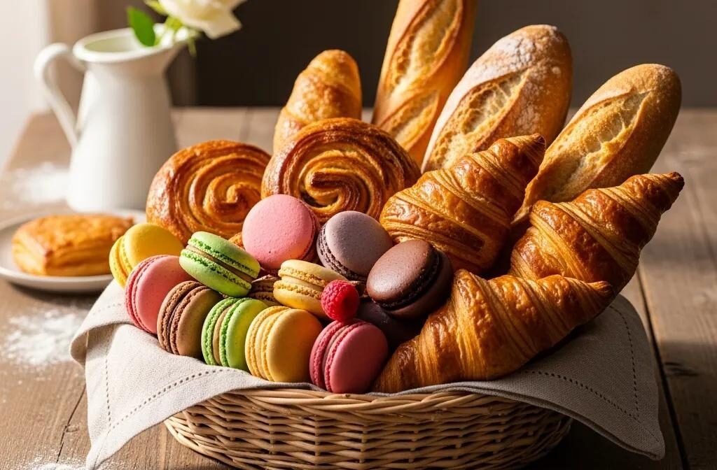 French pastry gift basket with assorted macarons and croissants, showcasing gourmet quality