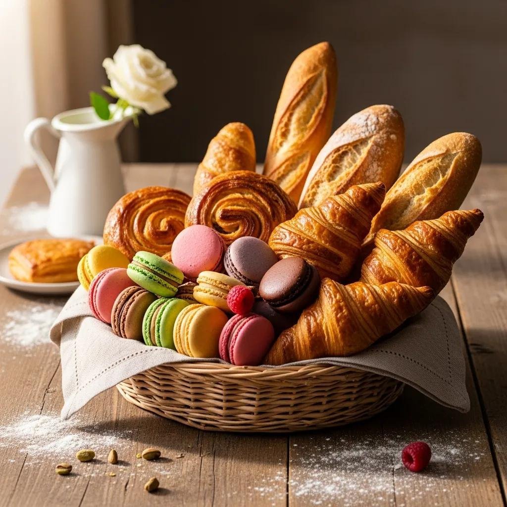 French pastry gift basket with assorted macarons and croissants, showcasing gourmet quality