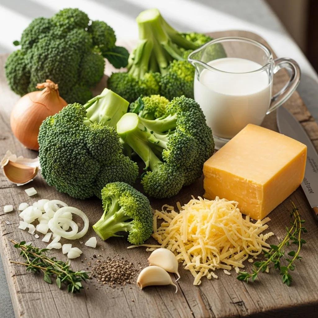 Fresh broccoli, sharp cheddar cheese, and heavy cream arranged on a cutting board, showcasing ingredients for broccoli cheddar soup