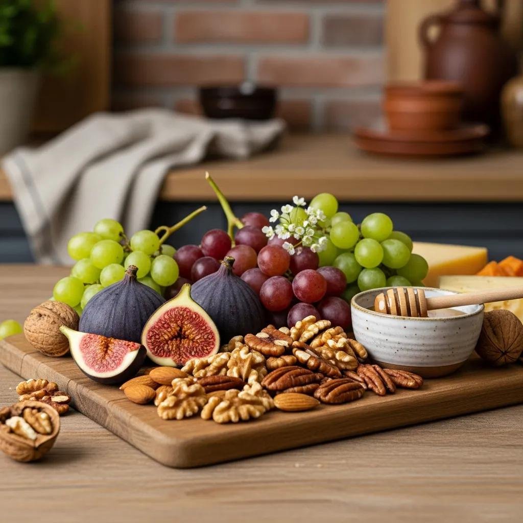 Fresh fruits and nuts complementing French cheeses on a cheese board