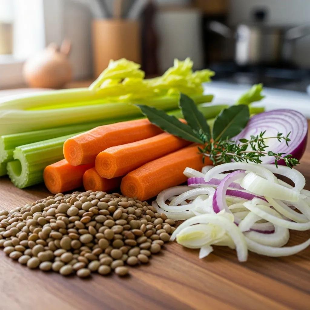 Fresh ingredients for traditional French lentil soup including Puy lentils, carrots, celery, and onions