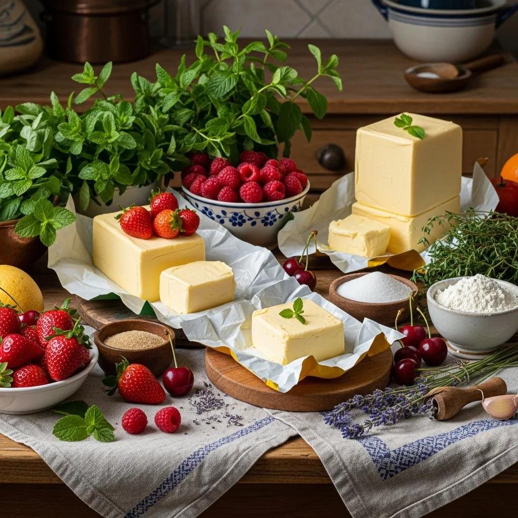 Fresh seasonal ingredients for French pastries, showcasing fruits and high-quality butter on a rustic kitchen table