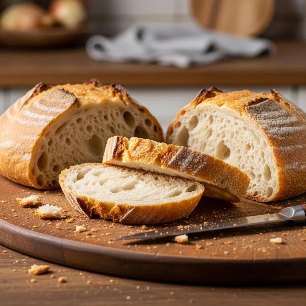 Freshly baked artisan bread sliced to show its soft interior and crusty exterior, set in a cozy kitchen