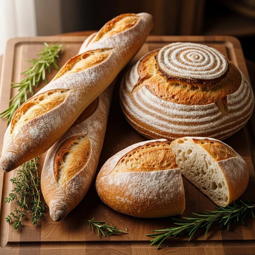 Freshly baked artisan French breads including baguettes and sourdough loaves