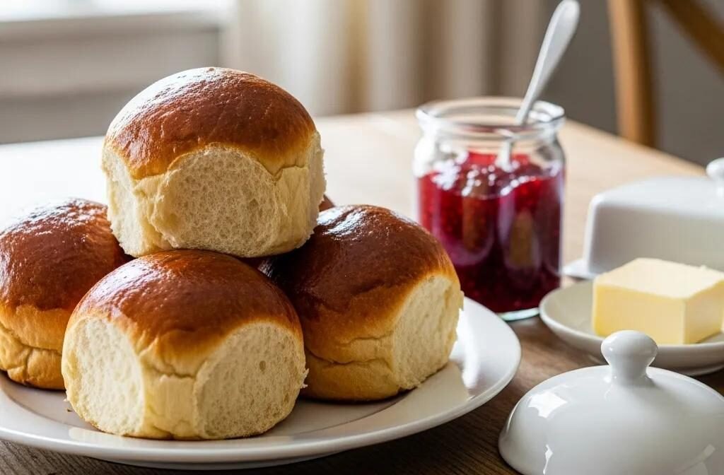 Freshly baked brioche on a rustic table with jam and butter, highlighting its rich texture and inviting appearance