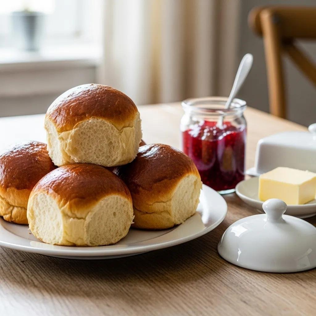 Freshly baked brioche on a rustic table with jam and butter, highlighting its rich texture and inviting appearance