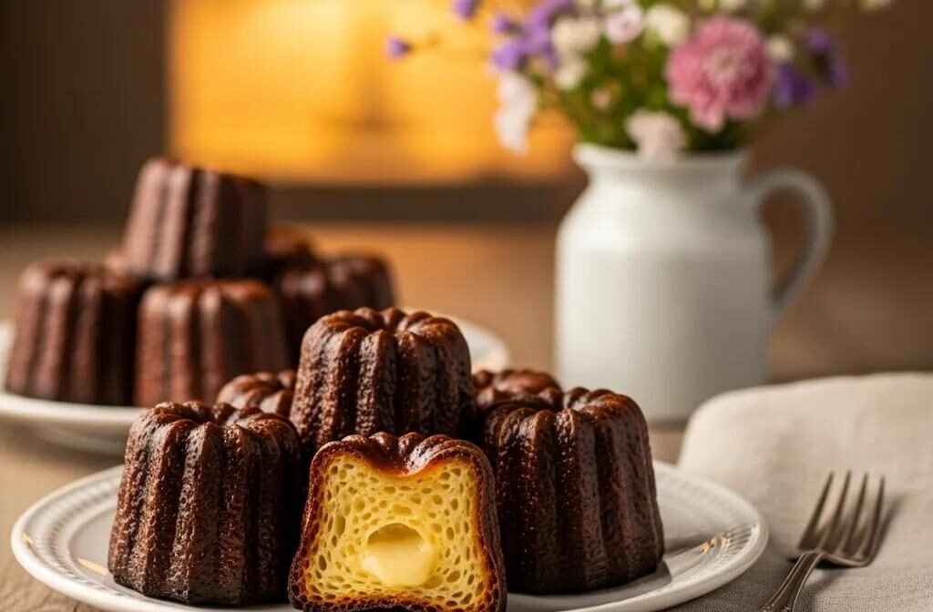 Freshly baked Canelés on a rustic wooden table, highlighting their unique texture and flavor