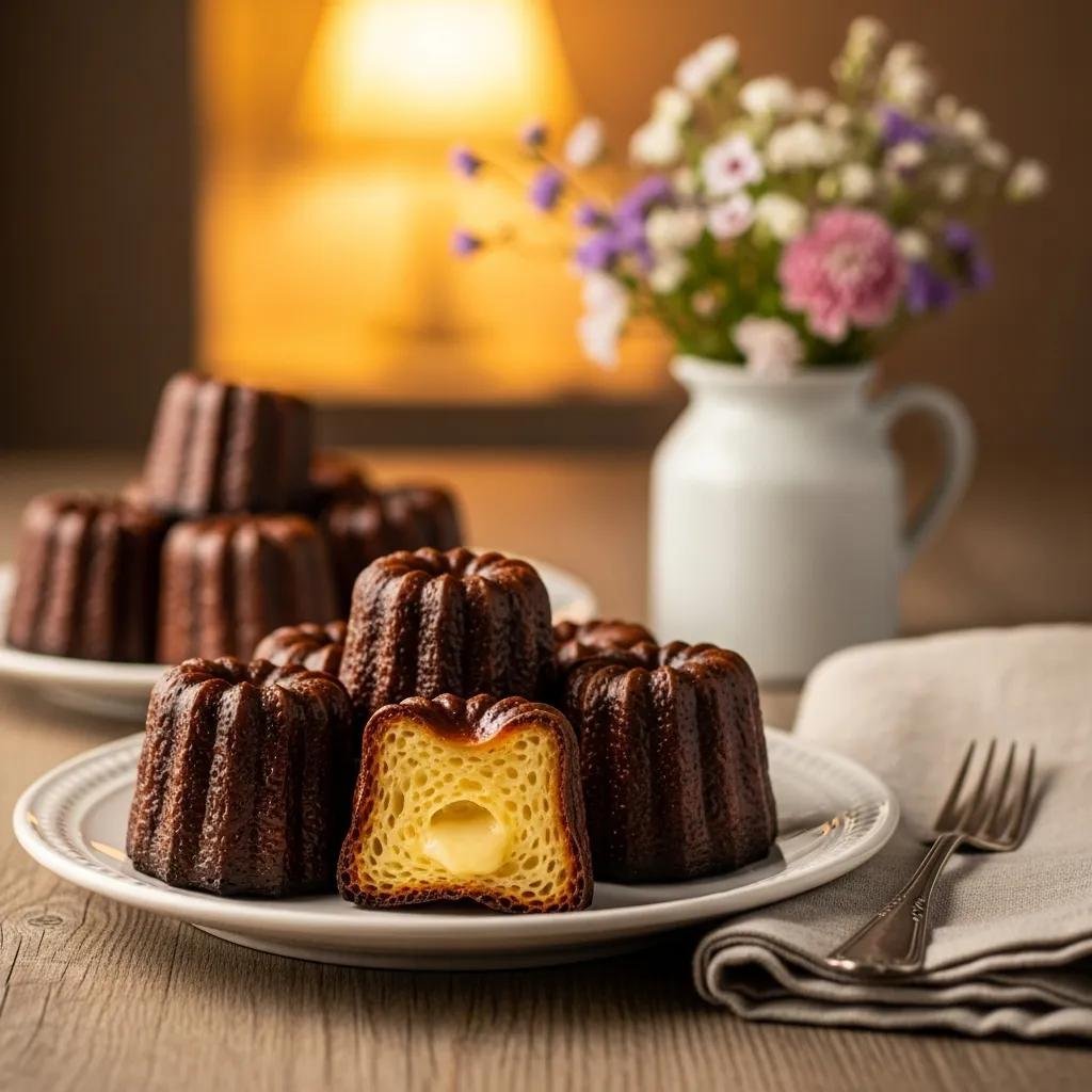 Freshly baked Canelés on a rustic wooden table, highlighting their unique texture and flavor