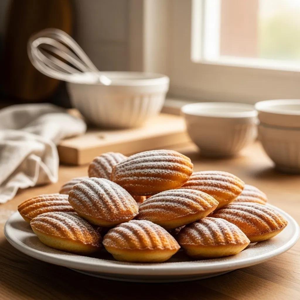 Freshly baked classic French Madeleines on a plate in a cozy kitchen setting