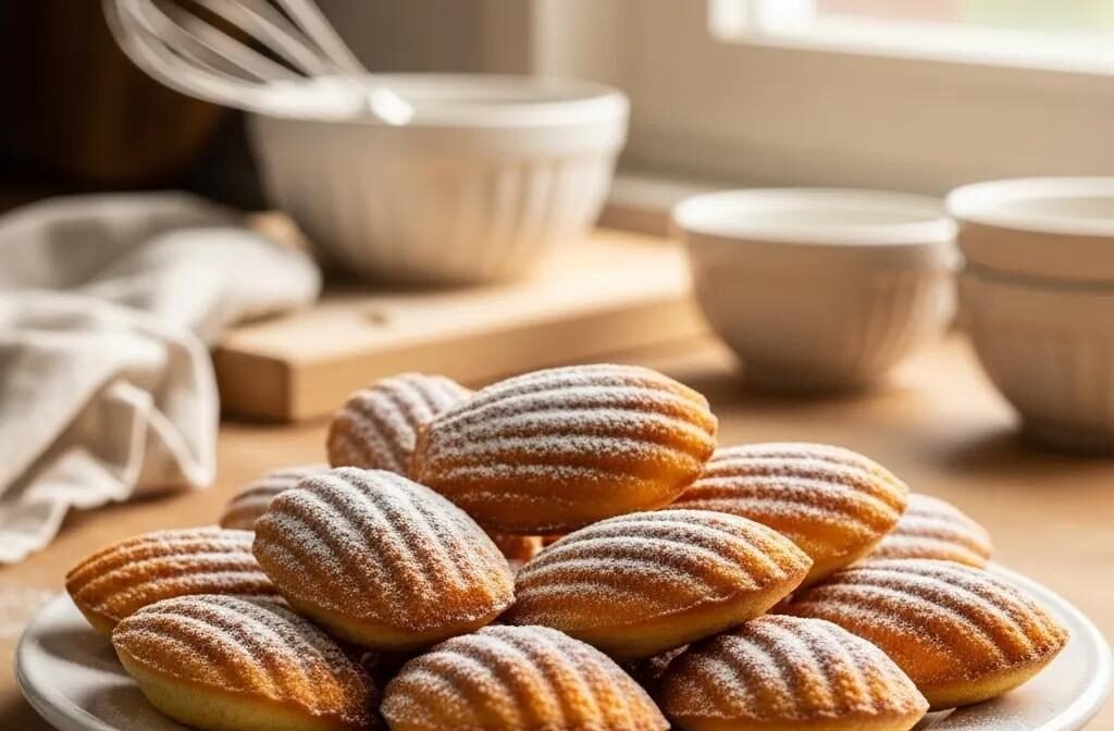 Freshly baked classic French Madeleines on a plate in a cozy kitchen setting
