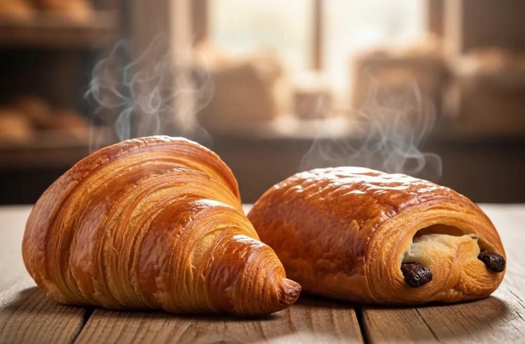 Freshly baked croissant and pain au chocolat on a wooden table, showcasing their textures and shapes