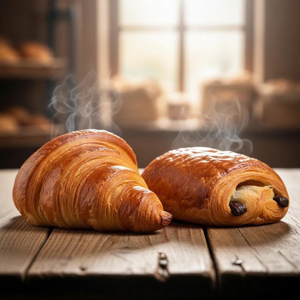 Freshly baked croissant and pain au chocolat on a wooden table, showcasing their textures and shapes