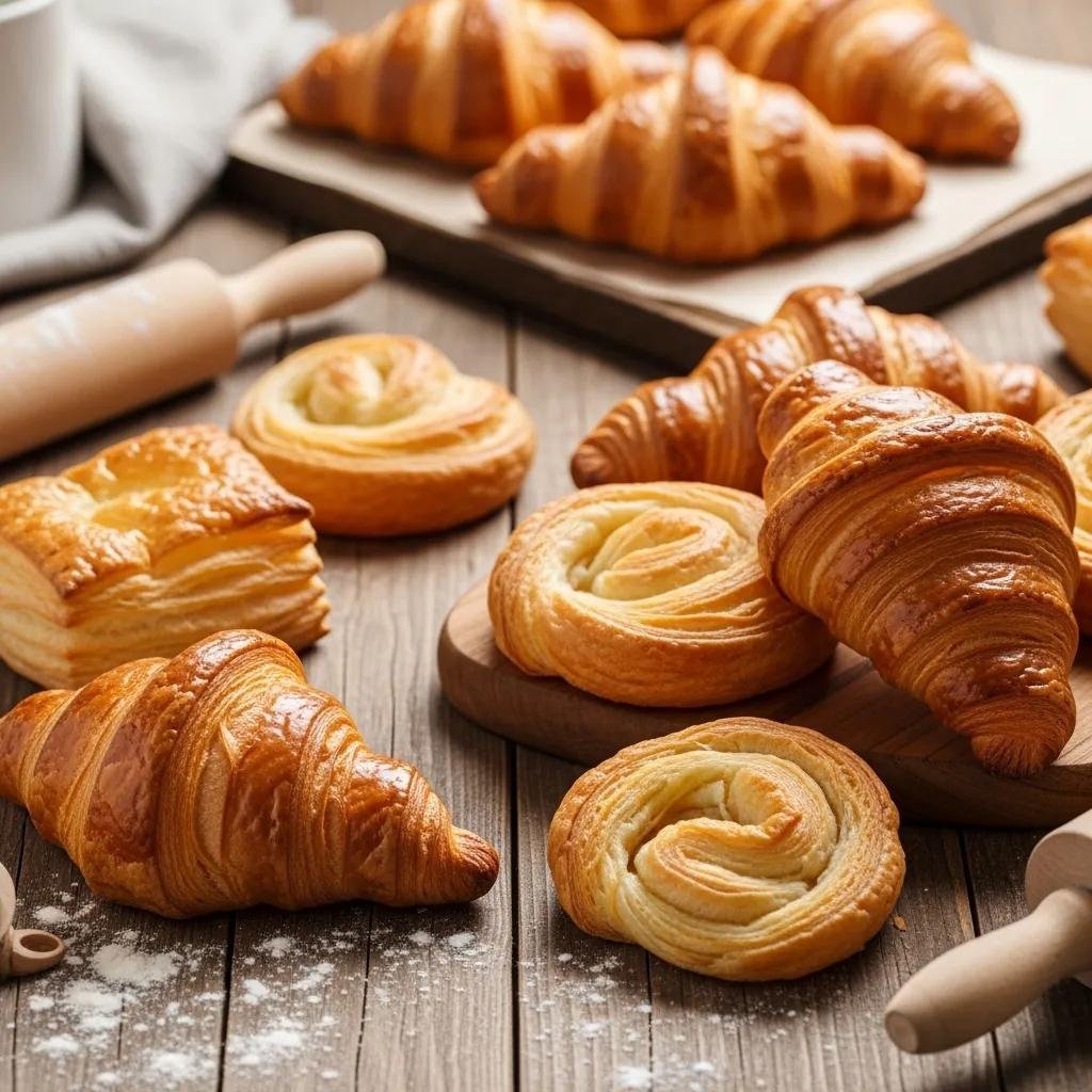 Freshly baked croissants and puff pastries showcasing flaky layers and golden crusts