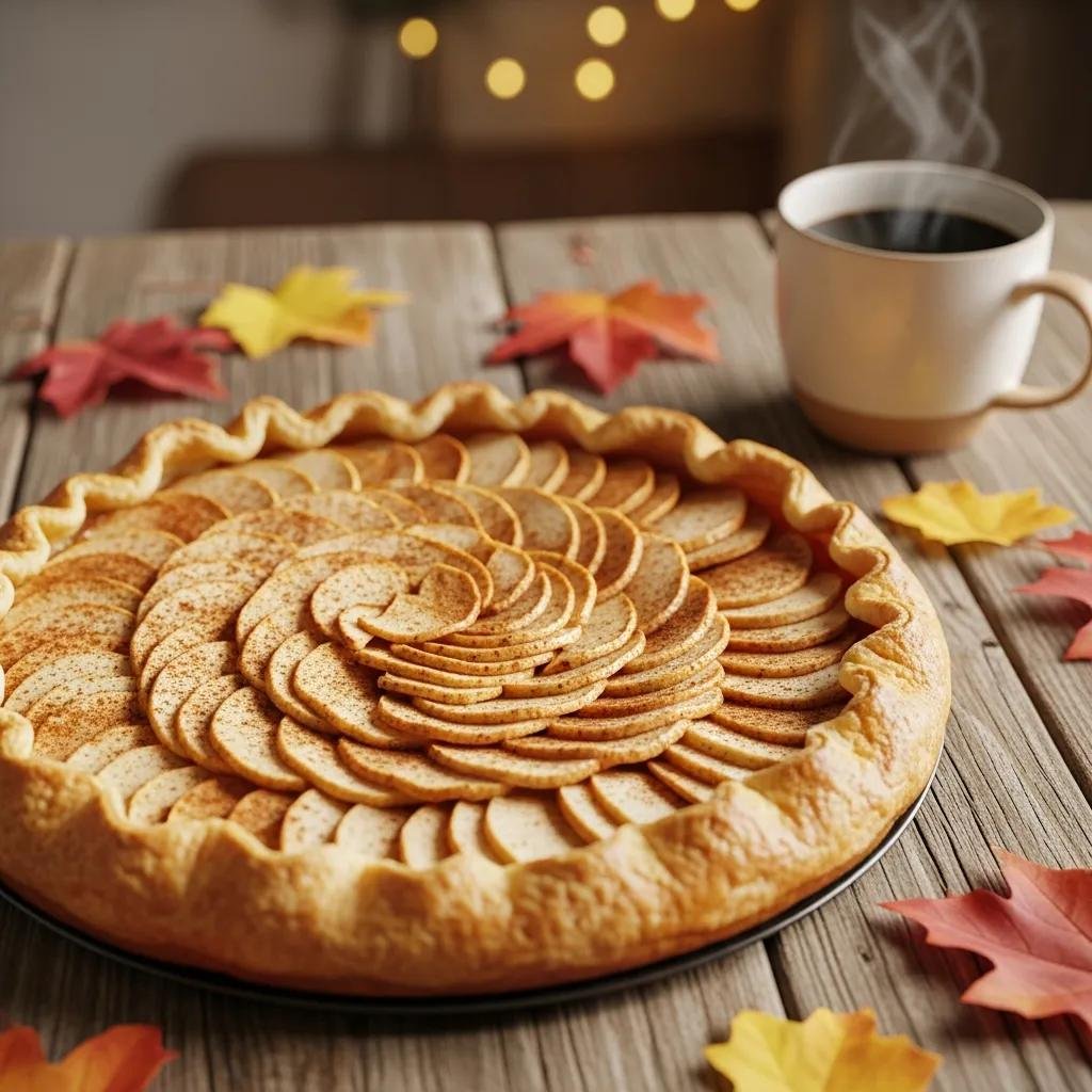 Freshly baked French apple tart with spiced apple filling and cinnamon on a rustic table