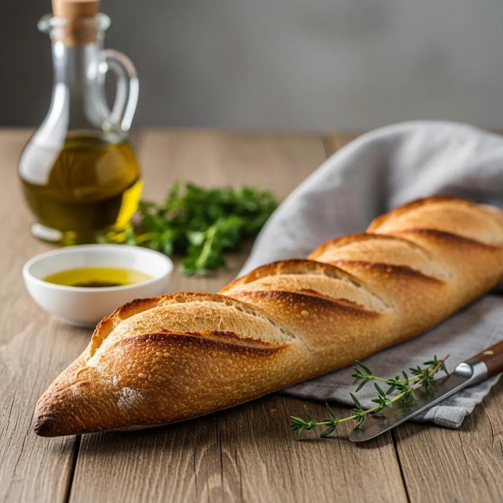 Freshly baked French baguette with crispy crust on a rustic table, highlighting artisanal baking
